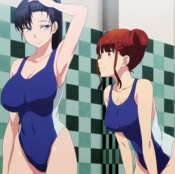 Rule 34 | 2girls, anime screenshot, arm up, armpits, black hair, blue eyes, blue one-piece swimsuit, blush, breasts, cleavage, collarbone, competition swimsuit, covered navel, groin, hair bun, highres, hiiragi shunka, large breasts, looking at another, multiple girls, one-piece swimsuit, ponytail, screencap, shuumatsu no harem, sidelocks, single hair bun, stitched, swimsuit, thighs, third-party edit, toudou akira (shuumatsu no harem)