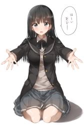 Rule 34 | 1girl, :d, absurdres, amagami, ayatsuji tsukasa, beckoning, black eyes, black hair, blazer, blunt bangs, blush, breasts, buttons, highres, jacket, long hair, long sleeves, looking at viewer, medium breasts, open mouth, outstretched arms, pentagon (railgun ky1206), pleated skirt, school uniform, seiza, simple background, sitting, skirt, smile, solo, speech bubble, translated, white background
