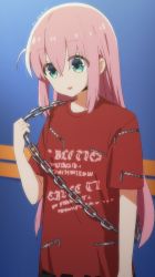 Rule 34 | 1girl, artist name, atu, blue eyes, bocchi the rock!, chain, commentary request, gotoh hitori, hair between eyes, hair over eyes, highres, long hair, one side up, pink hair, red shirt, shirt, short sleeves, solo, t-shirt, twitter username, upper body, watermark, zipper