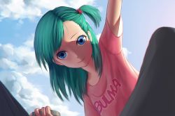 Rule 34 | 1girl, aqua hair, blue eyes, bulma, character name, cloud, commentary, day, dragon ball, from below, hair bobbles, hair ornament, half updo, highres, light, looking at viewer, maredoro, one-piece swimsuit, opening, ponytail, shadow, shirt, short ponytail, side ponytail, sky, smile, solo, t-shirt, upper body