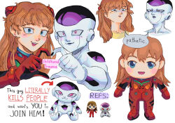 Rule 34 | 1boy, 1girl, absurdres, age difference, alien, artist request, blue eyes, bodysuit, breasts, brown hair, character doll, crossover, dragon ball, dragonball z, english text, frieza, hair ornament, heart, heart hands, highres, long hair, looking at viewer, meme, multiple views, neon genesis evangelion, pathetic (meme), plugsuit, red bodysuit, shiny clothes, shirt, skin tight, small breasts, smile, souryuu asuka langley, the end of evangelion, trait connection, twintails, two side up, upper body, very long hair, white background, yellow shirt