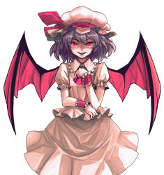 Rule 34 | 1girl, bad id, bad pixiv id, bat wings, female focus, hand on another&#039;s chest, hand on own chest, hat, mitsuki32k, purple hair, red eyes, remilia scarlet, short hair, solo, touhou, wings, wrist cuffs