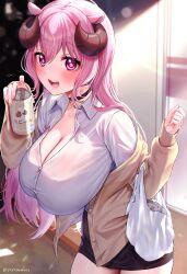 Rule 34 | 1girl, absurdres, animal ears, bag, black skirt, blush, breasts, brown cardigan, brown horns, can, cardigan, cleavage, collared shirt, commission, curled horns, fingernails, hair between eyes, highres, hitsujimusume meme, holding, holding can, horns, huge breasts, indie virtual youtuber, indoors, light particles, long hair, long sleeves, looking at viewer, nail polish, open cardigan, open clothes, open mouth, open shirt, pink eyes, pink hair, pink nails, sheep ears, sheep girl, sheep horns, sheep print, shirt, skeb commission, skirt, sleeves past wrists, smile, solo, standing, star (symbol), star in eye, symbol in eye, teeth, thighs, twitter username, virtual youtuber, white shirt, yayoi maka