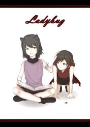 Rule 34 | 2girls, aged down, all fours, animal ears, artist request, bare arms, black hair, black shorts, black skirt, blake belladonna, book, book on lap, bug, cape, cat ears, cat girl, child, cloak, closed mouth, english text, facing another, faunus (rwby), full body, gradient hair, grey eyes, half-closed eyes, hand in another&#039;s hair, hand in own hair, hand on another&#039;s head, hand up, happy, highres, hood, hood down, hoodie, indian style, insect, ladybug, looking at another, looking down, multicolored hair, multiple girls, open book, open mouth, purple shirt, reading, red cape, red cloak, red hair, red shirt, ruby rose, rwby, shirt, shoes, short hair, shorts, simple background, sitting, skirt, sleeveless, sleeveless shirt, smile, talking, tongue, two-tone hair, white background, yellow eyes, zipper, zipper pull tab