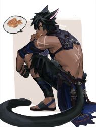 Rule 34 | 1boy, animal ears, black gloves, black hair, black pants, black tail, brown background, clothing request, commentary request, dark-skinned male, dark skin, eating, fictional persona, final fantasy, final fantasy xiv, food, from side, full body, gloves, green eyes, hair between eyes, leg wrap, looking at viewer, looking to the side, male focus, miqo&#039;te, mn (zig r14), pants, pectorals, profile, sandals, scar, scar on arm, scar on back, scar on face, short hair, sideways glance, solo, speech bubble, spoken food, spoken object, squatting, tail, taiyaki, toned, toned male, torn clothes, twitter username, wagashi, warrior of light (ff14), white background