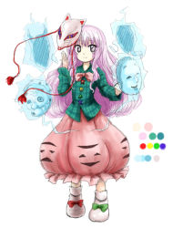 Rule 34 | 1girl, bow, bowtie, bubble skirt, collared shirt, expressionless, grey eyes, hata no kokoro, huyusilver, looking at viewer, mask, official style, pink hair, plaid, shirt, footwear bow, shoes, skirt, solo, touhou, zun (style)