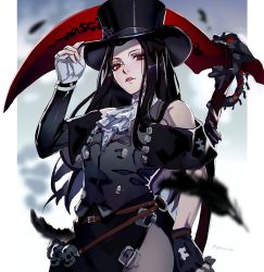 Rule 34 | 1other, androgynous, asymmetrical gloves, bare shoulders, black hair, black suit, border, collared shirt, datcravat, eyeshadow, feathers, fingerless gloves, formal, gloves, guilty gear, guilty gear strive, hat, highres, holding, holding weapon, long hair, looking at viewer, makeup, red eyes, scythe, shirt, side slit, skull, standing, straight hair, suit, testament (guilty gear), top hat, trap, twitter username, weapon, white background, white border, white gloves, white shirt