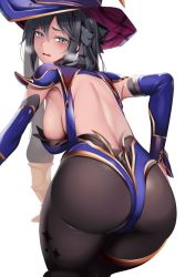 Rule 34 | 1girl, ass, backboob, black hair, blue leotard, breasts, brown pantyhose, detached sleeves, doko tetora, from behind, genshin impact, grey eyes, hat, large breasts, leotard, long sleeves, looking at viewer, mona (genshin impact), pantyhose, parted lips, simple background, solo, white background, witch hat