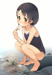 Rule 34 | 10s, 1girl, bad id, bad tumblr id, barefoot, black hair, blush, brown eyes, competition school swimsuit, feet, food, hair ornament, highres, idolmaster, idolmaster cinderella girls, looking at viewer, one-piece swimsuit, popsicle, sasaki chie, school swimsuit, sexually suggestive, short hair, simple background, solo, squatting, swimsuit, teiryoku lolita