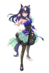 Rule 34 | 1girl, animal ears, asymmetrical clothes, black footwear, blue hair, blush, breasts, cleavage, commentary request, dark blue hair, earrings, full body, hair between eyes, hair ornament, high heels, horse ears, horse girl, horse tail, jewelry, long hair, looking at viewer, medium breasts, open mouth, pantyhose, peperoncino-sama, purple eyes, purple hair, shoes, simple background, single earring, skirt, smile, solo, standing, tail, umamusume, uniform, verxina (umamusume), white background