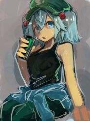 Rule 34 | 1girl, 9302w (user wjpg8475), absurdres, black tank top, blue eyes, blue hair, can, commentary, flat cap, green hat, grey background, hair bobbles, hair ornament, hat, highres, holding, holding can, kawashiro nitori, looking at viewer, parted lips, short hair, simple background, sitting, sleeveless, solo, tank top, touhou, two side up