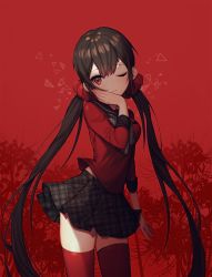 Rule 34 | 1girl, black hair, breasts, contrapposto, cowboy shot, danganronpa (series), danganronpa v3: killing harmony, floral background, flower, hair ornament, hand on own face, harukawa maki, long hair, long sleeves, looking at viewer, low twintails, medium breasts, mole, mole under eye, one eye closed, plaid, plaid skirt, pleated skirt, raily, red background, red eyes, red thighhighs, school uniform, serafuku, shirt, skirt, solo, spider lily, standing, thighhighs, tsurime, twintails, very long hair, zettai ryouiki