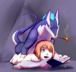 Rule 34 | 00s, 1girl, animal ears, animal hands, aogami, bestiality, book, brown hair, closed mouth, dog, dog ears, dog tail, highres, implied sex, looking down, lying, multitasking, nude, on back, open mouth, repede (tales), rita mordio, smoke, smoking, smoking pipe, tail, tales of (series), tales of vesperia