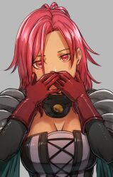Rule 34 | 1girl, aduti momoyama, armor, breasts, cleavage, covering own mouth, dark-skinned female, dark skin, fire emblem, fire emblem: three houses, fire emblem warriors: three hopes, gloves, grey background, hair intakes, hands up, hapi (fire emblem), head tilt, highres, large breasts, long hair, looking at viewer, nintendo, pauldrons, pink hair, red eyes, red gloves, shoulder armor, simple background, solo, upper body