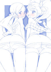 Rule 34 | 2girls, ass, bent over, blue theme, blush, commentary, cropped shirt, denim, denim shorts, frilled shirt, frills, from behind, glasses, hair ribbon, halterneck, hanasaki tsubomi, heartcatch precure!, highres, in-franchise crossover, leaning forward, long hair, long sleeves, looking at viewer, looking back, low twintails, lowleg, lowleg shorts, micro shorts, miyagoe yoshitsuki, monochrome, multiple girls, natsuumi manatsu, no panties, off-shoulder shirt, off shoulder, open mouth, outside border, precure, ribbon, rimless eyewear, round eyewear, in-franchise crossover, shirt, shorts, side-by-side, side ponytail, smile, standing, t-shirt, tropical-rouge! precure, twintails, v