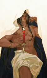 Rule 34 | 1boy, artist name, black hair, bracelet, candle, candlestand, cloak, dated, emperor of mankind, fire, ginias, gold, gold ring, highres, holding candle stand, jewelry, laurel crown, long hair, male focus, muscular, navel, navel piercing, necklace, nipples, obliques, piercing, red candle, ring, signature, skull, warhammer 40k, white background, white cloak, white tunic