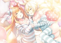 Rule 34 | 2girls, alternate hairstyle, animal ear fluff, animal ears, bare shoulders, blush, bottomless, bow, breasts, cardigan, chestnut mouth, cleavage, closed eyes, commentary, cynthia riddle, extra ears, fox ears, fox tail, hair between eyes, hair bow, heart, heart-shaped pillow, holding hands, long hair, low twintails, lying, medium breasts, milia leclerc, multiple girls, off shoulder, on side, open mouth, orange hair, original, p19, pillow, rabbit ears, rabbit tail, saliva, scrunchie, sidelocks, sleeping, star-shaped pillow, striped clothes, striped legwear, striped sweater, striped thighhighs, stuffed animal, stuffed rabbit, stuffed toy, sweater, tail, thighhighs, twintails, very long hair, virtual youtuber, white hair