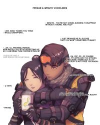 Rule 34 | 1boy, 1girl, apex legends, black bodysuit, black gloves, blue eyes, bodysuit, brown eyes, brown hair, checkered clothes, checkered scarf, commentary, cup, dark-skinned male, dark skin, english commentary, english text, facial hair, gloves, goatee, goggles, goggles on head, green scarf, hair bun, hetero, highres, holding, holding cup, hug, hug from behind, looking at viewer, mirage (apex legends), mug, nessie (respawn), orange bodysuit, parted bangs, parted lips, pipa (1pgjsf1), scarf, single hair bun, steam, upper body, white background, wraith (apex legends)