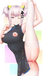 Rule 34 | 1girl, ;d, alternate costume, alternate hairstyle, anus, black dress, blue eyes, breasts, censored, china dress, chinese clothes, dress, flexible, ginhaha, grin, hair bun, hair ornament, heart, heart-shaped pupils, kaguya luna, large breasts, leg up, looking at viewer, mosaic censoring, nipple cutout, nipples, no panties, one eye closed, open mouth, pussy, silver hair, single hair bun, smile, solo, split, standing, standing on one leg, standing split, symbol-shaped pupils, teeth, the moon studio, thighhighs, virtual youtuber, white thighhighs