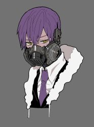 Rule 34 | 1boy, black jacket, chinese commentary, commentary request, fur trim, gas mask, grey background, hair between eyes, jacket, lobotomy corporation, male focus, mask, necktie, portrait, project moon, purple hair, purple necktie, red-xii, shirt, short hair, simple background, solo, sweat, nervous sweating, white shirt, yellow eyes, yesod (project moon)