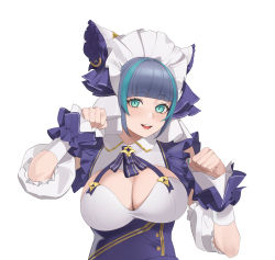 Rule 34 | 1girl, absurdres, animal ears, apron, aqua eyes, aqua hair, azur lane, breasts, cat ears, cheshire (azur lane), cleavage, detached sleeves, fake animal ears, highres, large breasts, looking at viewer, maid headdress, multicolored hair, paw pose, puffy detached sleeves, puffy sleeves, purple apron, purple hair, simple background, slit pupils, solo, streaked hair, two-tone hair, upper body, white background, wrist cuffs, younideyifengxin