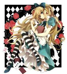 Rule 34 | 1girl, alice (alice in wonderland), alice in wonderland, blonde hair, blue eyes, book, bow, card, cup, female focus, flower, full body, pantyhose, playing card, rose, solo, striped clothes, striped pantyhose, yuzuki karu