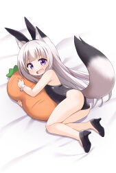 Rule 34 | 1girl, animal ear fluff, animal ears, ass, bare shoulders, black footwear, black leotard, blush, commentary request, commission, fake animal ears, fang, fox ears, fox girl, fox tail, grey hair, high heels, highres, hug, legs, leotard, long hair, looking at viewer, lying, mogura2009, hugging object, on side, open mouth, original, purple eyes, rabbit ears, shoes, skeb commission, solo, strapless, strapless leotard, stuffed carrot, stuffed toy, tail, tears, thighs, wrist cuffs