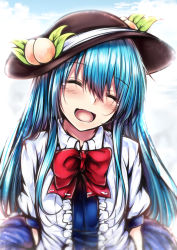 Rule 34 | 1girl, :d, ^ ^, arms at sides, arms behind back, backlighting, black hat, blouse, blue hair, blue sky, blush, bow, bowtie, bright background, closed eyes, cloud, cloudy sky, collared shirt, day, food, frills, fruit, hair between eyes, hair over shoulder, happy, hat, head tilt, highres, hinanawi tenshi, leaf, long hair, looking at viewer, open mouth, outdoors, peach, puffy short sleeves, puffy sleeves, red bow, red bowtie, shirt, short sleeves, sidelocks, sky, smile, solo, tearing up, touhou, upper body, white shirt, wing collar, yuhito (ablbex)
