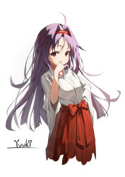 Rule 34 | 1girl, absurdres, ahoge, alternate costume, arched back, character name, closed mouth, cropped legs, hair intakes, hairband, hakama, highres, japanese clothes, kimono, leaning back, long hair, long sleeves, miko, purple hair, red eyes, red hairband, red hakama, simple background, smile, solo, standing, sword art online, tongue, tongue out, very long hair, white background, white kimono, wide sleeves, yuuki (sao), yuuki (yuuki08435994)