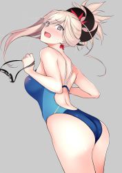 Rule 34 | 1girl, ass, asymmetrical hair, blue eyes, blue one-piece swimsuit, commentary request, competition swimsuit, earrings, fate/grand order, fate (series), goggles, unworn goggles, grey background, hair ornament, highres, holding, holding goggles, jewelry, miyamoto musashi (fate), one-piece swimsuit, open mouth, pink hair, ponytail, simple background, solo, swimsuit, yoshiki360