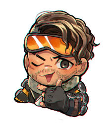 Rule 34 | 1boy, animification, apex legends, black eyes, black gloves, brown hair, checkered clothes, checkered scarf, chibi, facial hair, finger gun, fingerless gloves, gloves, goggles, goggles on head, hair behind ear, husagin, male focus, mirage (apex legends), one eye closed, open mouth, scarf, solo, stubble, upper body, white background