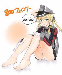 Rule 34 | 1girl, anchor hair ornament, aqua eyes, barefoot, black ribbon, black skirt, blonde hair, c-da, feet, full body, german text, gloves, green eyes, hair ornament, hat, highres, inkblot, kantai collection, looking at viewer, microskirt, milestone celebration, military, military hat, military uniform, panties, peaked cap, prinz eugen (kancolle), ribbon, skirt, smile, solo, toes, translated, twintails, two-tone background, underwear, uniform, white background, white gloves, white panties