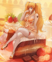 Rule 34 | 1girl, bad id, bad pixiv id, bamuth, bare shoulders, blonde hair, blue eyes, breasts, cake, cat, chocolate, crossed legs, dress, food, frilled thighhighs, frills, fruit, high heels, highres, in food, jewelry, large breasts, long hair, nail polish, original, oversized object, ring, sitting, solo, strawberry, tattoo, thighhighs, twintails, white thighhighs