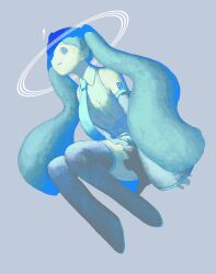 Rule 34 | !, 1girl, aqua hair, aqua necktie, arm tattoo, black footwear, black skirt, blue eyes, boots, closed mouth, collared shirt, detached sleeves, full body, grey shirt, gtsleep1200, hatsune miku, highres, blue background, light smile, long hair, long sleeves, looking at viewer, miniskirt, necktie, number tattoo, shirt, sideways glance, simple background, sitting, skirt, sleeveless, sleeveless shirt, sleeves past wrists, solo, tattoo, thigh boots, thighhighs, twintails, very long hair, vocaloid, wide sleeves, zettai ryouiki