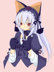 Rule 34 | 00s, 1girl, animal ears, animal hands, black gloves, blush, cat ears, fake animal ears, gloves, goth fashion, grey hair, hairband, kemonomimi mode, lolita fashion, paw gloves, pink background, red eyes, rozen maiden, simple background, smile, solo, suigintou, takami ryou, upper body