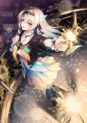 Rule 34 | 1girl, absurdres, aqua skirt, black hairband, black jacket, black thighhighs, blue eyes, blue pupils, blurry, bokeh, cityscape, commentary, cropped jacket, depth of field, firefly (honkai: star rail), grey hair, hair intakes, hairband, highres, holding fireworks, honkai: star rail, honkai (series), hyonee, jacket, long hair, long sleeves, neckerchief, night, open mouth, orange neckerchief, rooftop, shirt, skirt, smile, solo, standing, symbol-only commentary, thighhighs, two-sided fabric, two-sided jacket, white shirt