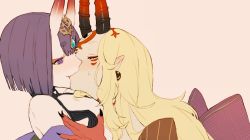Rule 34 | 2girls, bare shoulders, blonde hair, blue gemstone, blush, bob cut, bow, closed eyes, couple, ear blush, earrings, facial mark, fang, fate/grand order, fate (series), female focus, fingernails, flat color, gem, headpiece, horns, ibaraki douji (fate), japanese clothes, jewelry, jitome, kibadori rue, kiss, long hair, looking at another, makeup, mascara, multiple girls, obi, off shoulder, oni, open mouth, pink background, pointy ears, purple eyes, purple hair, revealing clothes, sash, sharp fingernails, short hair, shuten douji (fate), sidelocks, simple background, skin-covered horns, smile, source request, sweatdrop, thick eyebrows, upper body, white bow, yuri