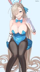 Rule 34 | 1girl, absurdly long hair, absurdres, animal ears, asuna (blue archive), asuna (bunny) (blue archive), black pantyhose, blue archive, blue bow, blue bowtie, blue leotard, bow, bowtie, breasts, detached collar, fake animal ears, gloves, hair over one eye, halo, highleg, highleg leotard, highres, leotard, light brown hair, long hair, mole, mole on breast, nigori (keydoor), pantyhose, playboy bunny, rabbit ears, sitting, smile, solo, strapless, strapless leotard, traditional bowtie, very long hair, white gloves
