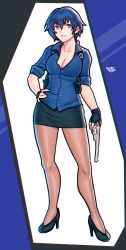 Rule 34 | 1girl, absurdres, aged up, alternate costume, blouse, blue eyes, blue hair, breasts, cleavage, collarbone, contrapposto, dark blue hair, fingerless gloves, gloves, gun, hair between eyes, hand on own hip, handgun, high heels, highres, holster, large breasts, open clothes, open shirt, pantyhose, parted lips, pencil skirt, persona, persona 4, pistol, revolver, shirogane naoto, shirt, short hair, shoulder holster, skirt, solo, standing, vj99, weapon