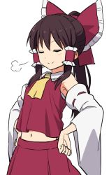 Rule 34 | 1girl, puff of air, armpits, blush, bow, breath, commentary request, cowboy shot, detached sleeves, frilled bow, frilled shirt collar, frills, hair bow, hair tubes, hakurei reimu, hands on own hips, leon (mikiri hassha), long hair, long sleeves, midriff peek, navel, ponytail, red bow, red ribbon, red skirt, red vest, revision, ribbon, ribbon-trimmed sleeves, ribbon trim, simple background, skirt, smug, solo, standing, stomach, touhou, vest, white background, wide sleeves