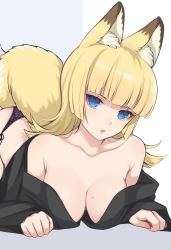 Rule 34 | 1girl, animal ear fluff, animal ears, bare shoulders, blonde hair, blue eyes, blunt bangs, breasts, commentary request, fox ears, fox tail, highres, large breasts, long hair, looking at viewer, off shoulder, original, parted lips, shimizu akina, solo, tail
