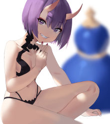 Rule 34 | 1girl, absurdres, alternate costume, bare arms, bare legs, bare shoulders, black panties, blurry, blurry background, bob cut, breasts, clothing request, commentary request, fang, fate/grand order, fate (series), grin, highres, horns, looking at viewer, medium breasts, nail polish, navel, oni, panties, purple eyes, purple hair, red nails, short eyebrows, short hair, shuten douji (fate), skin-covered horns, smile, solo, underwear, v, yoonsemo