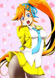 Rule 34 | 1girl, ace attorney, athena cykes, black pantyhose, blue eyes, blue necktie, eyebrows, hair ribbon, heart, long hair, looking at viewer, miniskirt, necktie, open mouth, panties, panties under pantyhose, pantyhose, phoenix wright: ace attorney - dual destinies, pink background, pncnmmm, red hair, ribbon, side ponytail, skirt, solo, underwear, very long hair, yellow skirt