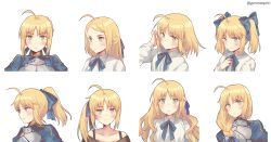 Rule 34 | ahoge, alternate hairstyle, artoria pendragon (all), artoria pendragon (fate), bad id, bad pixiv id, blonde hair, blush, bow, braid, fate/stay night, fate (series), g.t, green eyes, hair bow, hair down, long hair, parted bangs, ponytail, saber (fate), short hair, side ponytail, simple background, swept bangs, twintails, variations