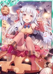 Rule 34 | 1girl, :d, akkijin, animal ears, balloon, bat wings, breasts, candy, card (medium), cat ears, cat tail, crescent moon, food, ghost, hair ornament, hair ribbon, halloween, halloween costume, jack-o&#039;-lantern, lollipop, moon, night, night sky, official art, open mouth, pumpkin, purple ribbon, red eyes, red ribbon, ribbon, see-through, shinkai no valkyrie, silver hair, sky, small breasts, smile, tail, thighhighs, v, wings