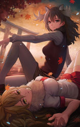 Rule 34 | 10s, 2girls, animal ears, antlers, arm support, autumn leaves, black hair, black skirt, black vest, blonde hair, breasts, brown eyes, brown footwear, closed mouth, commentary request, falling leaves, fingernails, floating hair, fur collar, grey legwear, grey shirt, hair between eyes, highres, horns, kemono friends, knee up, knees up, leaf, light smile, lion (kemono friends), lion ears, long hair, long sleeves, looking at viewer, looking to the side, lying, medium breasts, medium skirt, moose (kemono friends), moose ears, moose tail, multiple girls, necktie, on back, outdoors, outstretched arm, pantyhose, parted lips, pleated skirt, red neckwear, red skirt, shirt, sion (9117), sitting, skirt, tail, thighhighs, torii, tree, vest, water, white legwear, white shirt, wind, yellow eyes