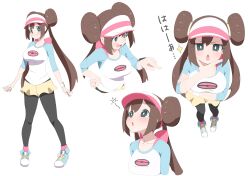 Rule 34 | 1girl, :o, alternate breast size, arm under breasts, blush, breasts, bright pupils, brown hair, closed mouth, commentary request, creatures (company), double bun, game freak, green eyes, hair bun, hand on own chin, hand up, highres, kumacy 0, long hair, looking up, multiple views, nintendo, open mouth, pantyhose, pokemon, pokemon bw2, pokemon masters ex, rosa (pokemon), shirt, shoes, short shorts, shorts, sleeves past elbows, smile, sparkle, standing, stroking own chin, white background, white pupils, yellow shorts