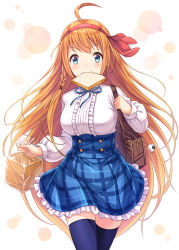 Rule 34 | 1girl, ahoge, alternate costume, bag, bag charm, blue eyes, blue ribbon, blue skirt, blue thighhighs, blush, braid, bread, bread slice, breasts, brown hair, center frills, charm (object), closed mouth, commentary request, food, food in mouth, frilled skirt, frills, hair ribbon, hairband, highres, holding, holding bag, long hair, long sleeves, medium breasts, mouth hold, neck ribbon, pecorine (princess connect!), plaid, plaid skirt, plastic bag, pleated skirt, princess connect!, puffy long sleeves, puffy sleeves, red hairband, red ribbon, ribbon, school uniform, shirt, side braid, single braid, skirt, solo, thighhighs, toast, toast in mouth, tomo (tmtm mf mf), very long hair, white shirt