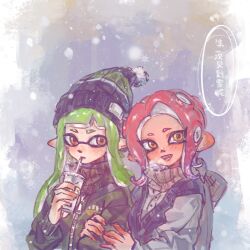 Rule 34 | 2girls, agent 3 (splatoon), agent 8 (splatoon), blue sweater vest, bobblehat, brown scarf, buttons, chinese text, cup, disposable cup, drinking straw, fang, green hair, green jacket, grey shirt, hands on another&#039;s arm, highres, holding, holding cup, inkling, inkling girl, inkling player character, jacket, knit hat, long sleeves, multiple girls, nintendo, octoling, octoling girl, octoling player character, orange eyes, pointy ears, red hair, scarf, shirt, splatoon (series), sweater vest, tentacle hair, thenintlichen96, translation request, zipper, zipper pull tab