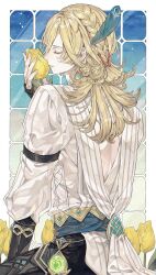 Rule 34 | 1boy, ao (ao0 0nemu), back cutout, black pants, blonde hair, braid, closed eyes, clothing cutout, earrings, eyelashes, feather hair ornament, feathers, flower, genshin impact, hair between eyes, hair ornament, hairclip, highres, holding, holding flower, jewelry, kaveh (genshin impact), long hair, long sleeves, male focus, pants, parted lips, profile, solo, tulip, vision (genshin impact), yellow flower